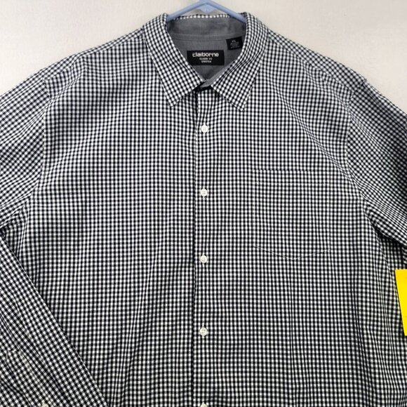 Claiborne Classic Fit Mens Stretch Navy Gingham Button-Down Shirt XXL - Picture 2 of 11